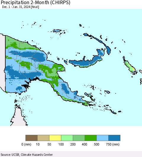 Papua New Guinea Precipitation 2-Month (CHIRPS) Thematic Map For 12/1/2023 - 1/31/2024