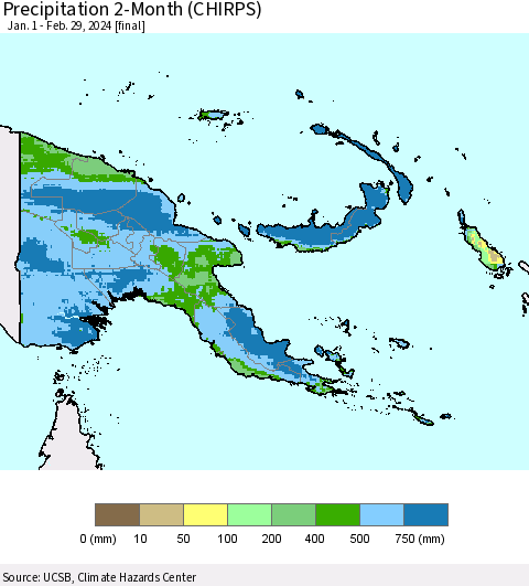 Papua New Guinea Precipitation 2-Month (CHIRPS) Thematic Map For 1/1/2024 - 2/29/2024