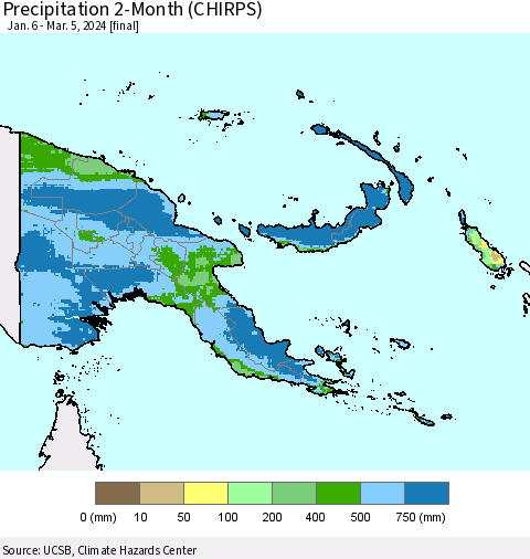 Papua New Guinea Precipitation 2-Month (CHIRPS) Thematic Map For 1/6/2024 - 3/5/2024