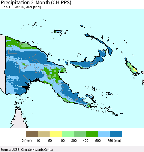 Papua New Guinea Precipitation 2-Month (CHIRPS) Thematic Map For 1/11/2024 - 3/10/2024