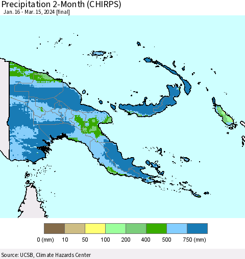 Papua New Guinea Precipitation 2-Month (CHIRPS) Thematic Map For 1/16/2024 - 3/15/2024