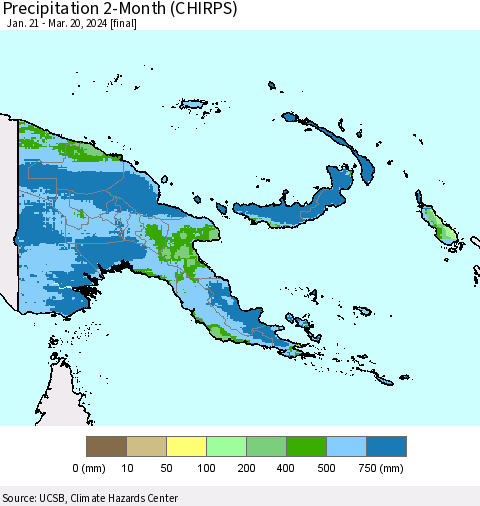 Papua New Guinea Precipitation 2-Month (CHIRPS) Thematic Map For 1/21/2024 - 3/20/2024
