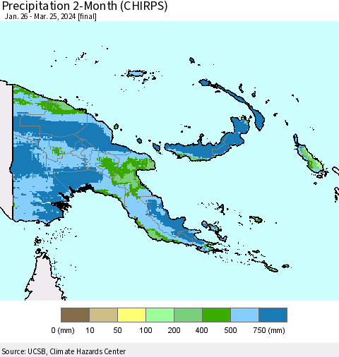 Papua New Guinea Precipitation 2-Month (CHIRPS) Thematic Map For 1/26/2024 - 3/25/2024