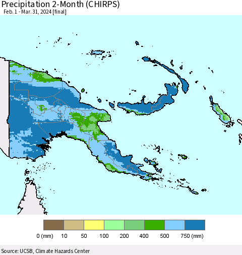 Papua New Guinea Precipitation 2-Month (CHIRPS) Thematic Map For 2/1/2024 - 3/31/2024