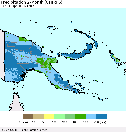 Papua New Guinea Precipitation 2-Month (CHIRPS) Thematic Map For 2/11/2024 - 4/10/2024