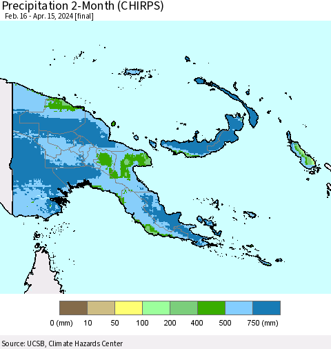 Papua New Guinea Precipitation 2-Month (CHIRPS) Thematic Map For 2/16/2024 - 4/15/2024