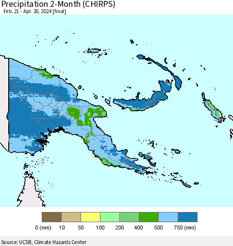 Papua New Guinea Precipitation 2-Month (CHIRPS) Thematic Map For 2/21/2024 - 4/20/2024