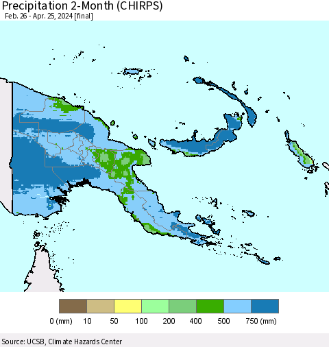 Papua New Guinea Precipitation 2-Month (CHIRPS) Thematic Map For 2/26/2024 - 4/25/2024
