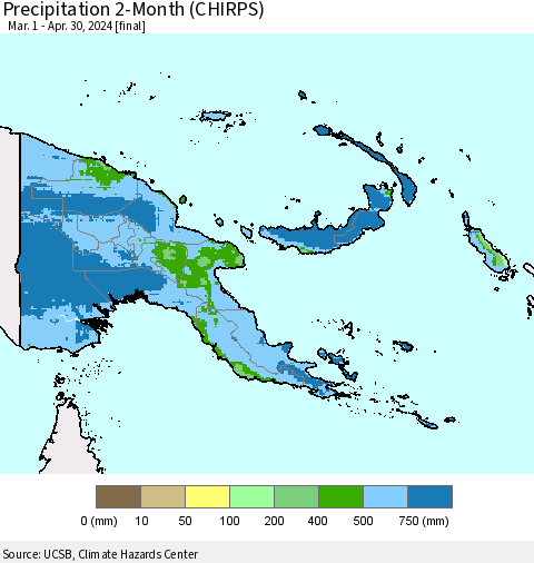 Papua New Guinea Precipitation 2-Month (CHIRPS) Thematic Map For 3/1/2024 - 4/30/2024
