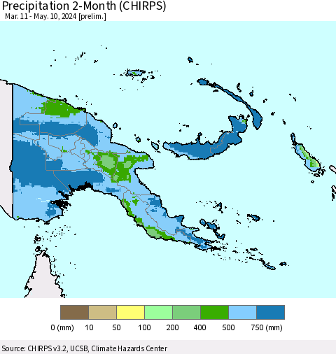 Papua New Guinea Precipitation 2-Month (CHIRPS) Thematic Map For 3/11/2024 - 5/10/2024