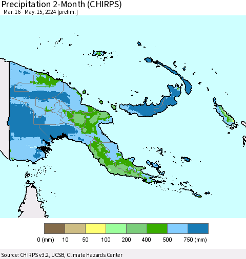 Papua New Guinea Precipitation 2-Month (CHIRPS) Thematic Map For 3/16/2024 - 5/15/2024