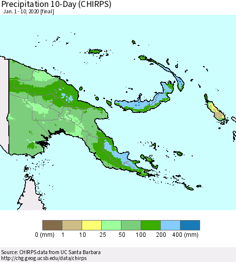 Papua New Guinea Precipitation 10-Day (CHIRPS) Thematic Map For 1/1/2020 - 1/10/2020