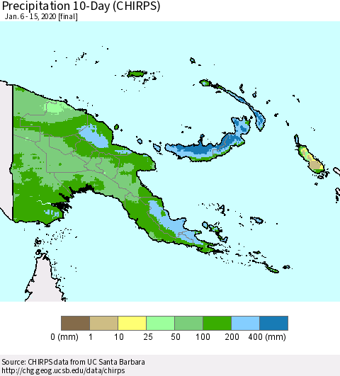 Papua New Guinea Precipitation 10-Day (CHIRPS) Thematic Map For 1/6/2020 - 1/15/2020