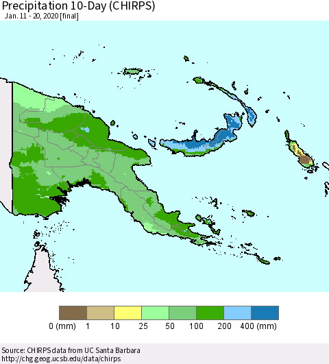 Papua New Guinea Precipitation 10-Day (CHIRPS) Thematic Map For 1/11/2020 - 1/20/2020