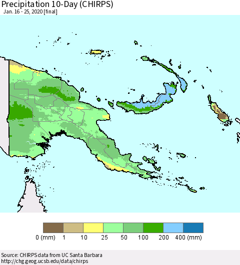 Papua New Guinea Precipitation 10-Day (CHIRPS) Thematic Map For 1/16/2020 - 1/25/2020
