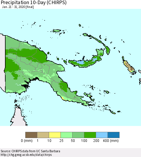 Papua New Guinea Precipitation 10-Day (CHIRPS) Thematic Map For 1/21/2020 - 1/31/2020