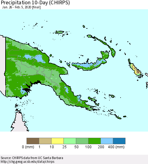 Papua New Guinea Precipitation 10-Day (CHIRPS) Thematic Map For 1/26/2020 - 2/5/2020