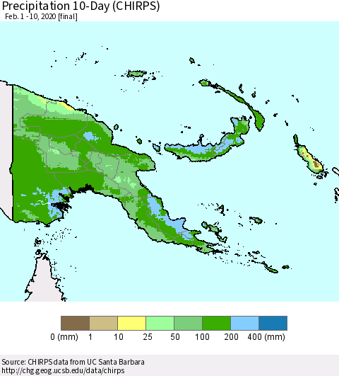 Papua New Guinea Precipitation 10-Day (CHIRPS) Thematic Map For 2/1/2020 - 2/10/2020
