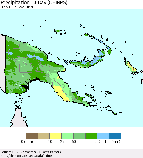 Papua New Guinea Precipitation 10-Day (CHIRPS) Thematic Map For 2/11/2020 - 2/20/2020