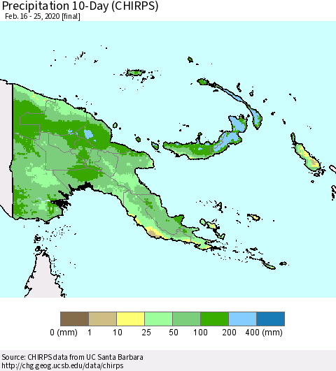Papua New Guinea Precipitation 10-Day (CHIRPS) Thematic Map For 2/16/2020 - 2/25/2020
