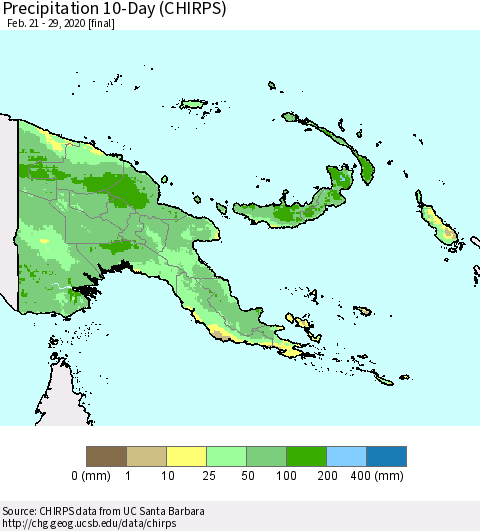 Papua New Guinea Precipitation 10-Day (CHIRPS) Thematic Map For 2/21/2020 - 2/29/2020