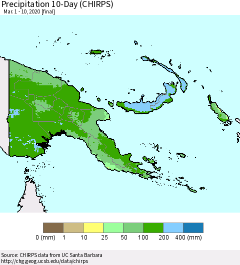 Papua New Guinea Precipitation 10-Day (CHIRPS) Thematic Map For 3/1/2020 - 3/10/2020