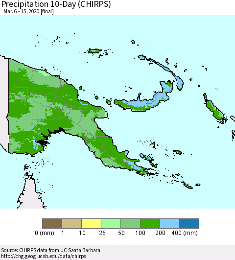 Papua New Guinea Precipitation 10-Day (CHIRPS) Thematic Map For 3/6/2020 - 3/15/2020