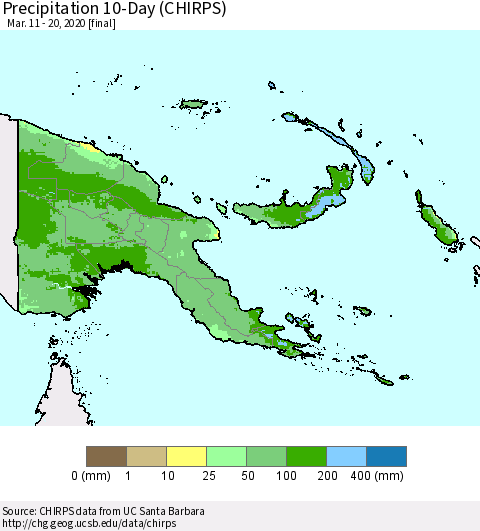 Papua New Guinea Precipitation 10-Day (CHIRPS) Thematic Map For 3/11/2020 - 3/20/2020
