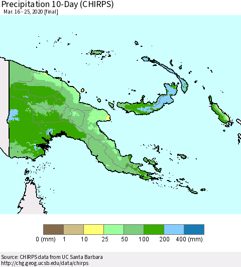 Papua New Guinea Precipitation 10-Day (CHIRPS) Thematic Map For 3/16/2020 - 3/25/2020