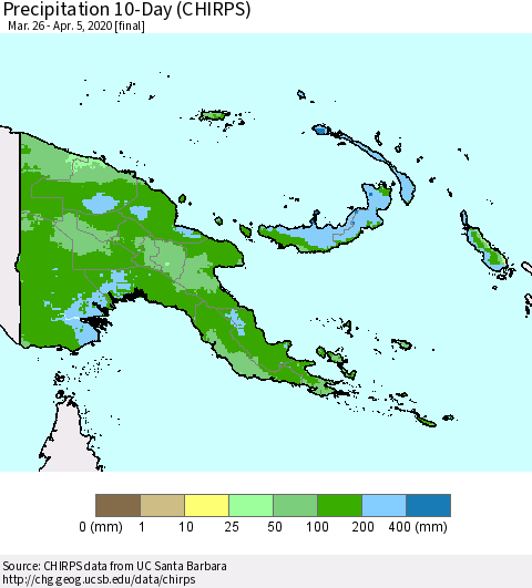 Papua New Guinea Precipitation 10-Day (CHIRPS) Thematic Map For 3/26/2020 - 4/5/2020