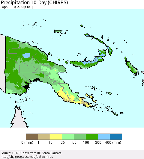 Papua New Guinea Precipitation 10-Day (CHIRPS) Thematic Map For 4/1/2020 - 4/10/2020
