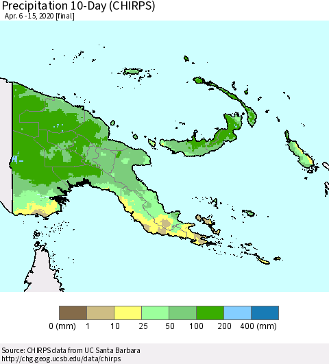 Papua New Guinea Precipitation 10-Day (CHIRPS) Thematic Map For 4/6/2020 - 4/15/2020
