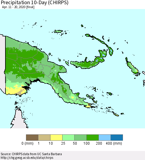 Papua New Guinea Precipitation 10-Day (CHIRPS) Thematic Map For 4/11/2020 - 4/20/2020