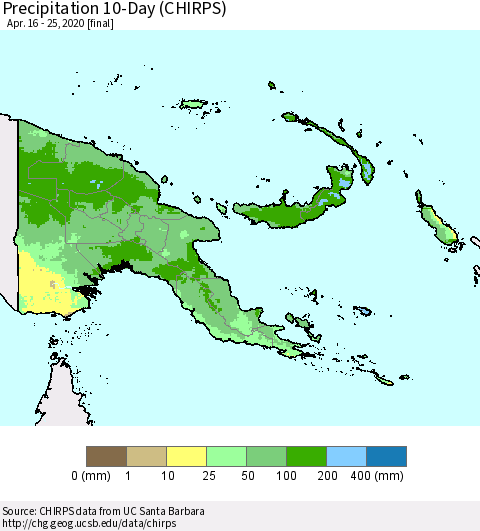 Papua New Guinea Precipitation 10-Day (CHIRPS) Thematic Map For 4/16/2020 - 4/25/2020