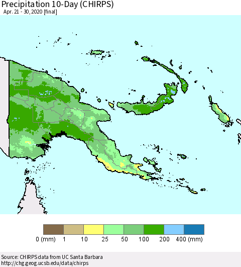 Papua New Guinea Precipitation 10-Day (CHIRPS) Thematic Map For 4/21/2020 - 4/30/2020