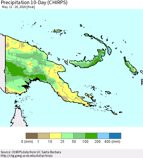 Papua New Guinea Precipitation 10-Day (CHIRPS) Thematic Map For 5/11/2020 - 5/20/2020