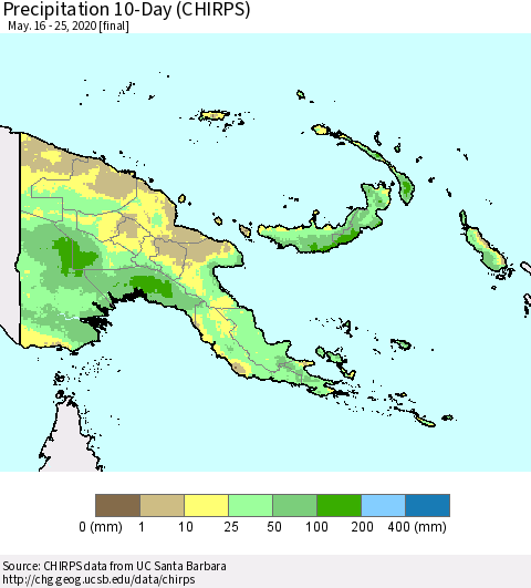 Papua New Guinea Precipitation 10-Day (CHIRPS) Thematic Map For 5/16/2020 - 5/25/2020