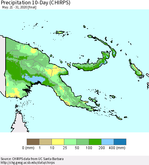 Papua New Guinea Precipitation 10-Day (CHIRPS) Thematic Map For 5/21/2020 - 5/31/2020