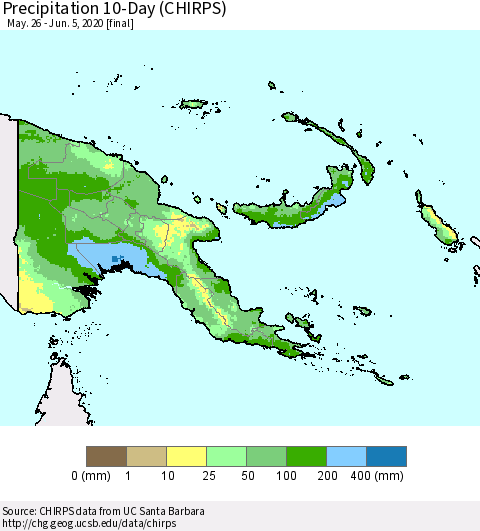 Papua New Guinea Precipitation 10-Day (CHIRPS) Thematic Map For 5/26/2020 - 6/5/2020
