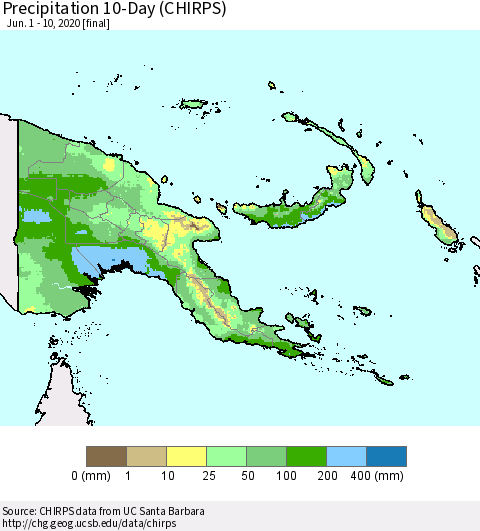 Papua New Guinea Precipitation 10-Day (CHIRPS) Thematic Map For 6/1/2020 - 6/10/2020