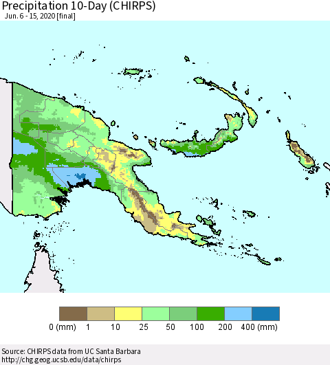 Papua New Guinea Precipitation 10-Day (CHIRPS) Thematic Map For 6/6/2020 - 6/15/2020
