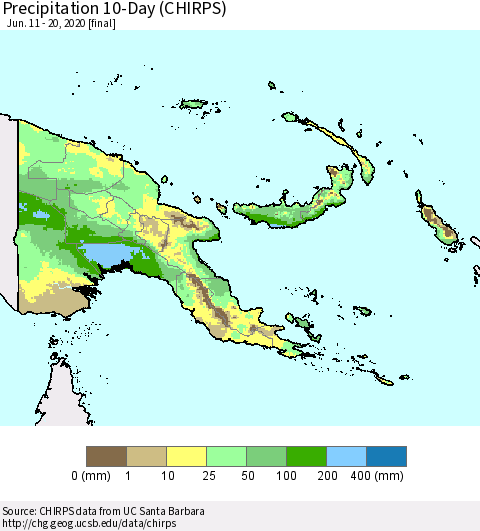 Papua New Guinea Precipitation 10-Day (CHIRPS) Thematic Map For 6/11/2020 - 6/20/2020