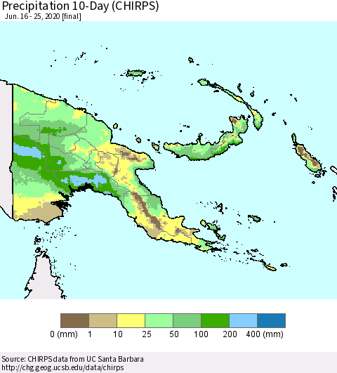 Papua New Guinea Precipitation 10-Day (CHIRPS) Thematic Map For 6/16/2020 - 6/25/2020