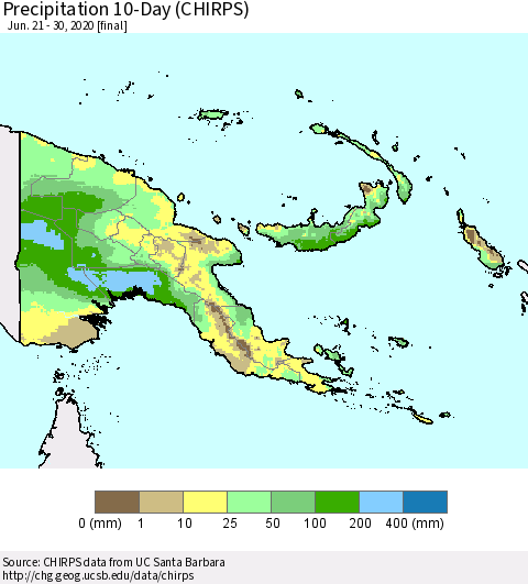 Papua New Guinea Precipitation 10-Day (CHIRPS) Thematic Map For 6/21/2020 - 6/30/2020