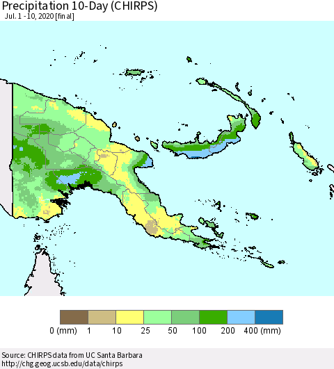 Papua New Guinea Precipitation 10-Day (CHIRPS) Thematic Map For 7/1/2020 - 7/10/2020