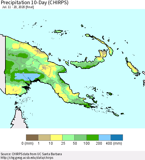 Papua New Guinea Precipitation 10-Day (CHIRPS) Thematic Map For 7/11/2020 - 7/20/2020