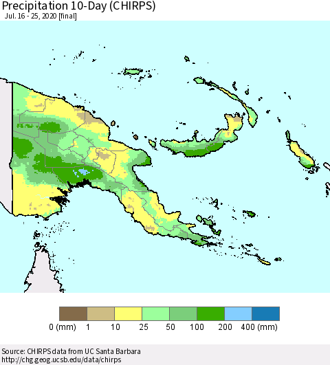 Papua New Guinea Precipitation 10-Day (CHIRPS) Thematic Map For 7/16/2020 - 7/25/2020