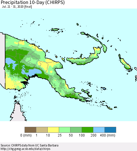 Papua New Guinea Precipitation 10-Day (CHIRPS) Thematic Map For 7/21/2020 - 7/31/2020