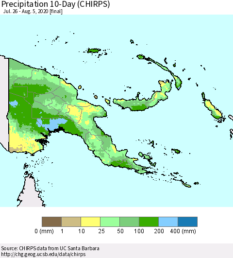 Papua New Guinea Precipitation 10-Day (CHIRPS) Thematic Map For 7/26/2020 - 8/5/2020