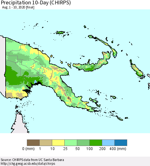Papua New Guinea Precipitation 10-Day (CHIRPS) Thematic Map For 8/1/2020 - 8/10/2020